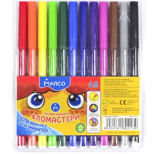 Фломастеры, 12 цветов, пластиковая упаковка, "Super Washable", Marco - интернет-магазин optom-k.com