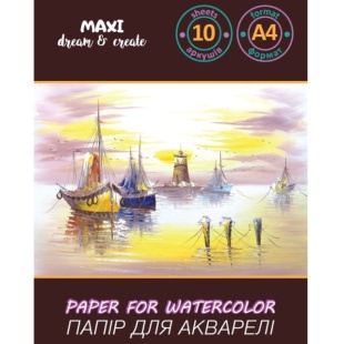 Папка для акварели, А4, 200 г/м2, 10 листов, среднее зерно, MAXI - интернет-магазин optom-k.com