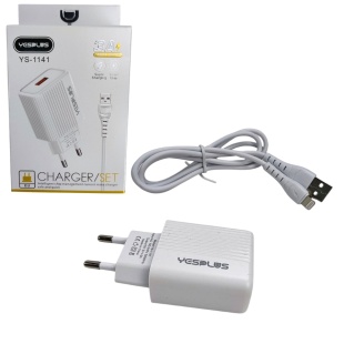 Зарядное устройство, USB-А разъем, 3,1 A, с кабелем USB-Lightning, 1м, белый цвет, "YESPLUS YS-1141" - интернет-магазин optom-k.com