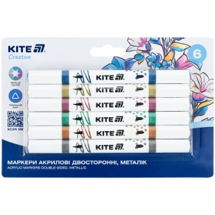 Маркеры акриловые, 6 шт, металлик, двусторонние, Kite Creative, KITE канцелярия - интернет-магазин optom-k.com
